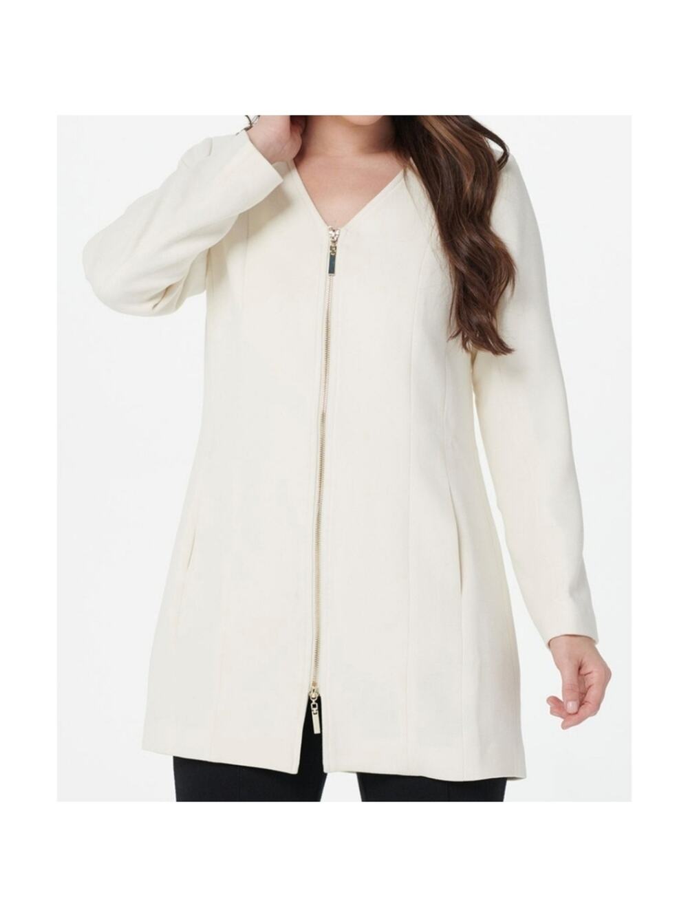 Linea by Louis Dell'Olio Cream Ivory V-Neck Zip-Front Long Sleeve Jacket Coat